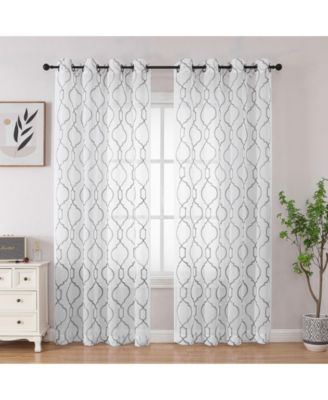 Transcendence 1 Piece Grommet Top Embroidered Sheer Trellis Clover Window Curtain Panel - Silver
