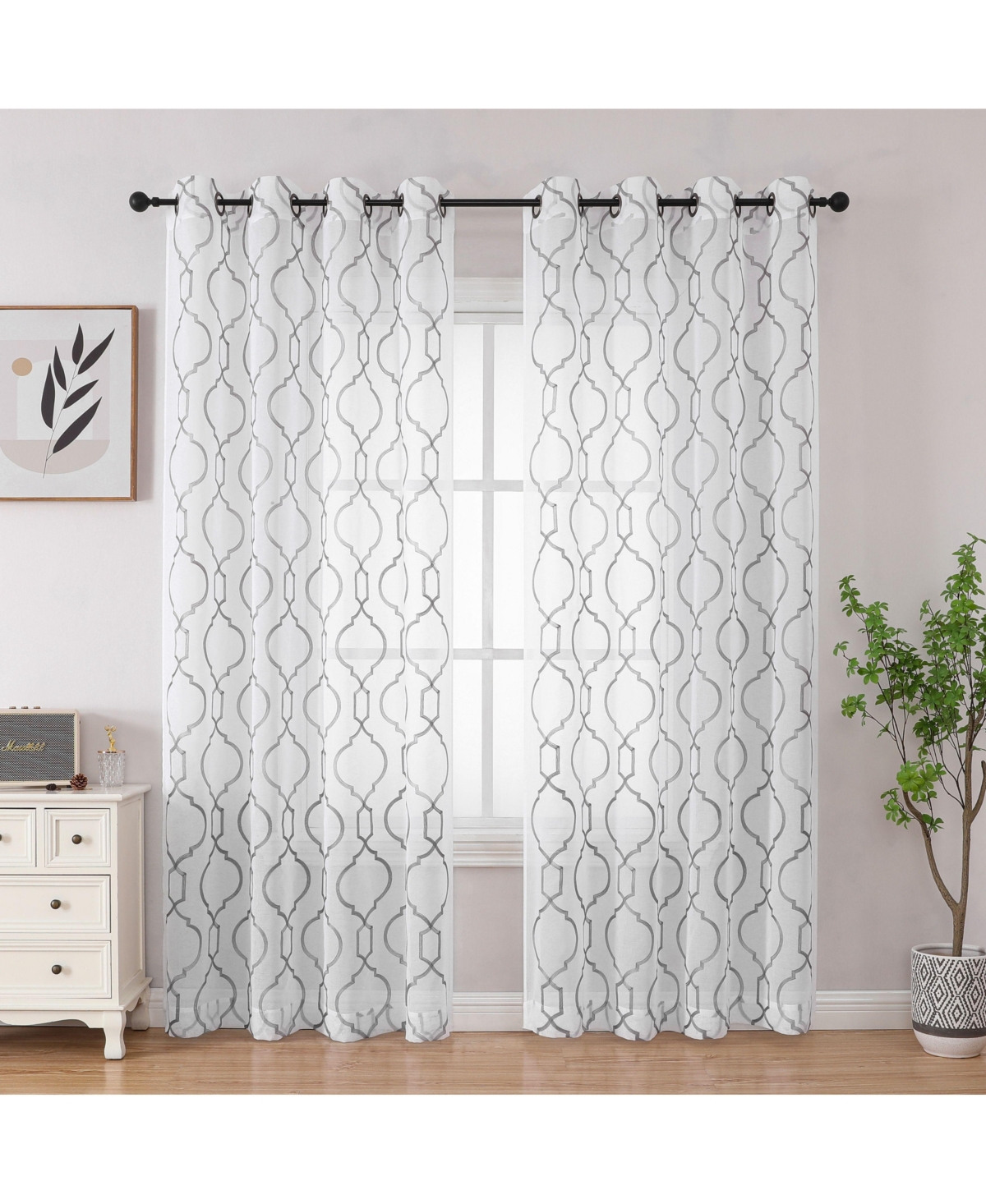 Kate Aurora Transcendence 1 Piece Grommet Top Embroidered Sheer Trellis Clover Window Curtain Panel -- Silver