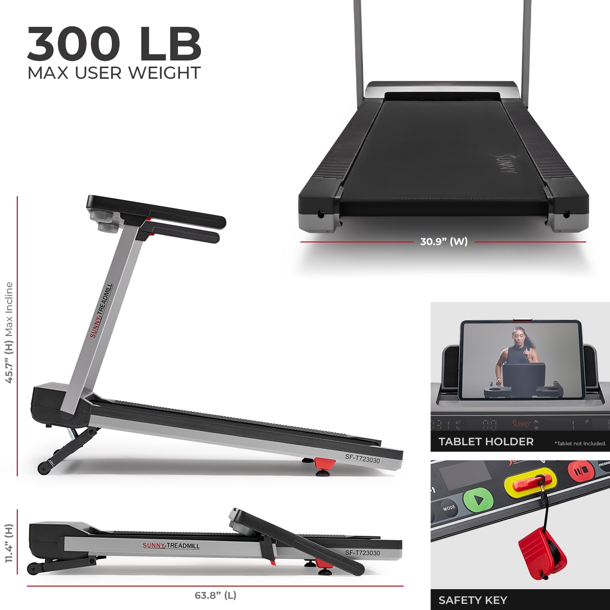 Sunny Health & Fitness Foldable 15 Level Auto Incline Treadmill, 20" Wide Running Belt, Quiet Brushless Motor, Digital Display, 300 Lb Weight Cap