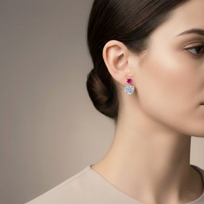 Sterling Silver 14K Gold Plated with Green, Red, or Blue Cubic Zirconia Two-Stone Heart Stud Earrings