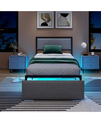 Twin Size Bed Frame w/ Storage Drawer Metal Platform Bed w/ LED Lights