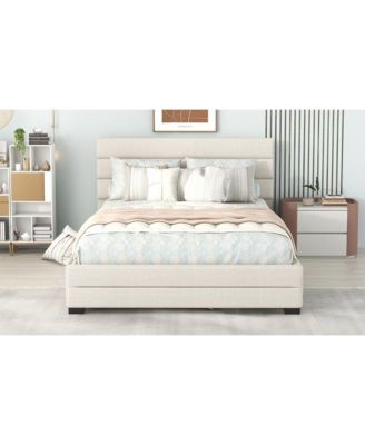 Queen Upholstered Platform Bed with Twin Size Trundle and Two Drawers