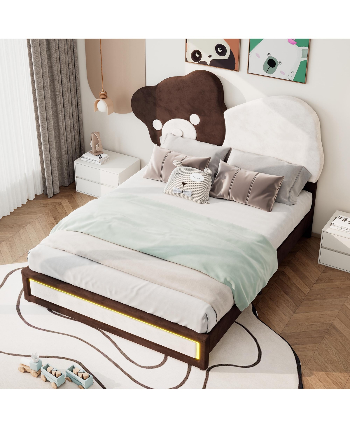 Slickblue Full Size Upholstered Platform Bed with Bear Headboard and Led Light Strips