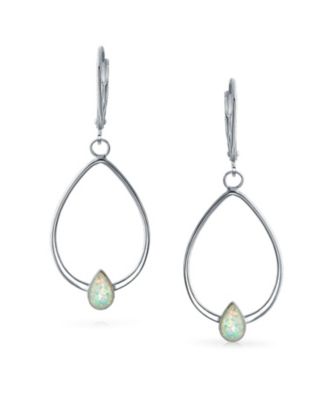 Geometric Thin Created Opal Accent Lever back Open Oval Hoop Dangle Earrings Sterling