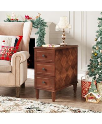 Solid Wood End Table, Fully Assembled Narrow Side Table with Drawers, Pre-Assembled Nightstand Slim Bedside Table for Small Spaces, Living Room, Bedroom, Brown (2)