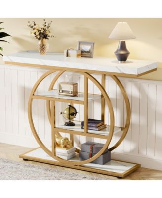 41.3" Console Table, Industrial 4-Tier Sofa Table Entryway Table with Circle Base, Narrow Wood Accent Tables with Shelves, Light Brown