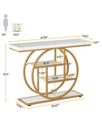 41.3" Console Table, Industrial 4-Tier Sofa Table Entryway Table with Circle Base, Narrow Wood Accent Tables with Shelves, Light Brown