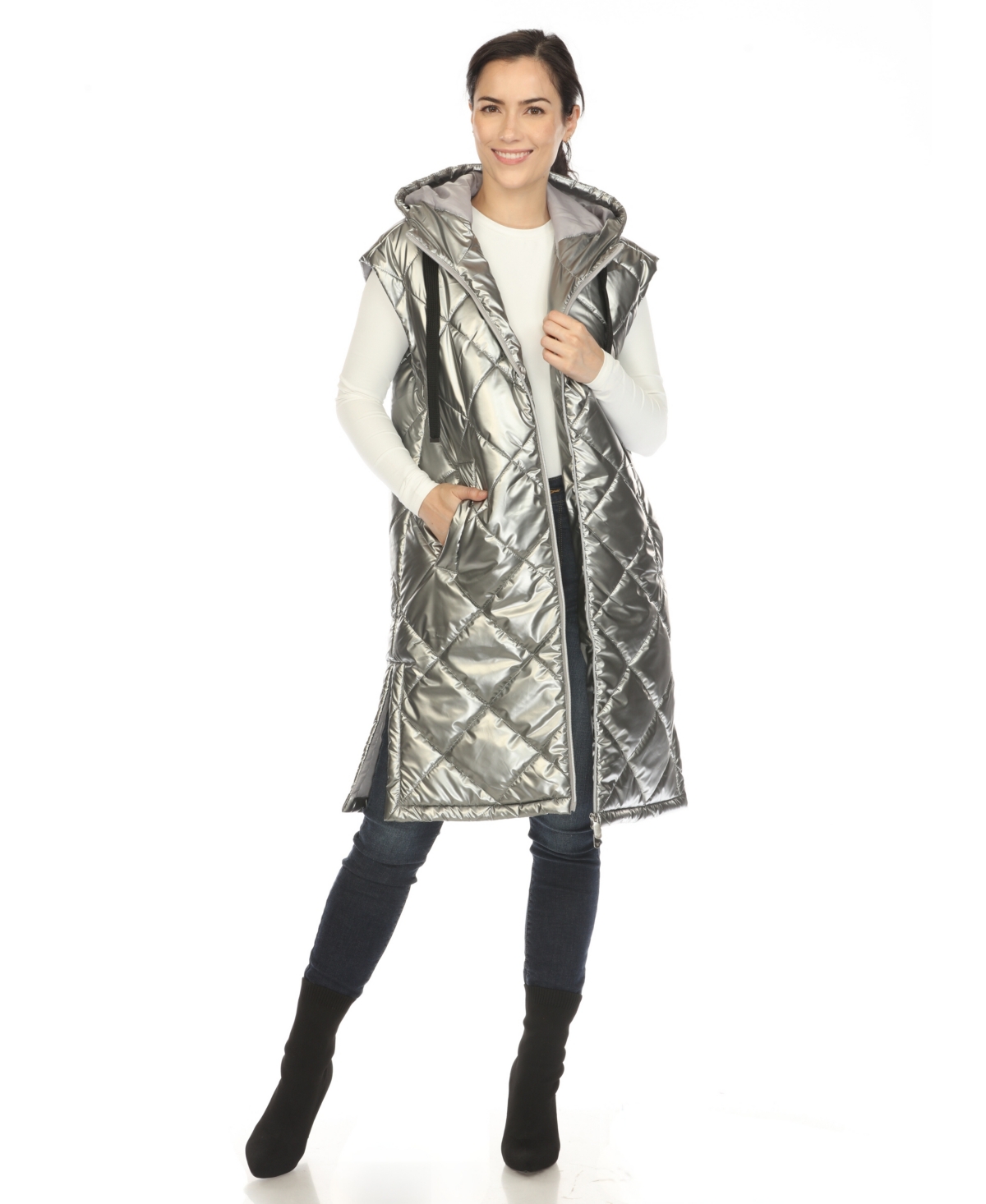 White Mark Women's Metallic Long Puffer Vest Jacket In Metallic Silver