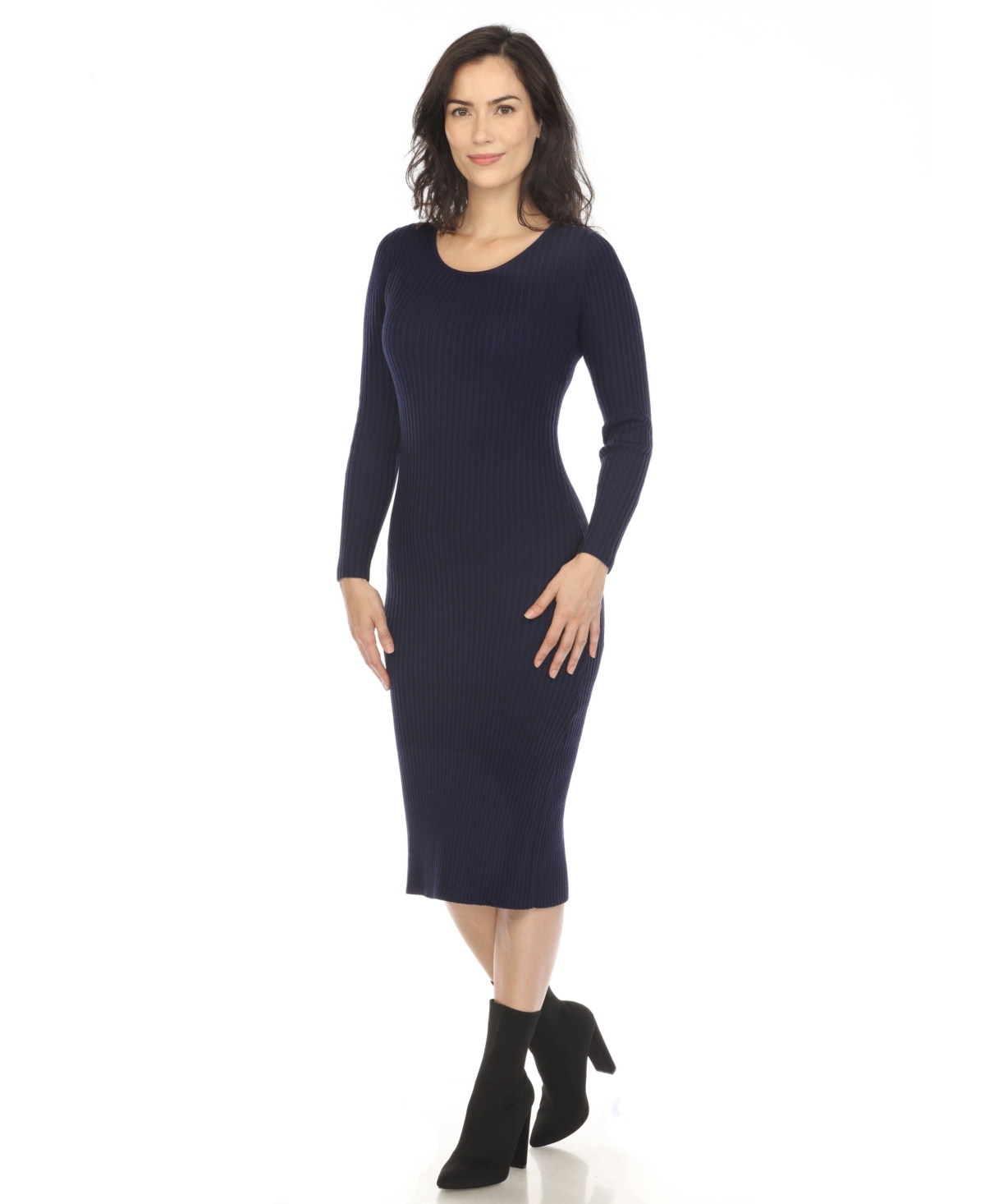 White Mark Women's Long Sleeve Rib Midi Sweater Dress In Navy