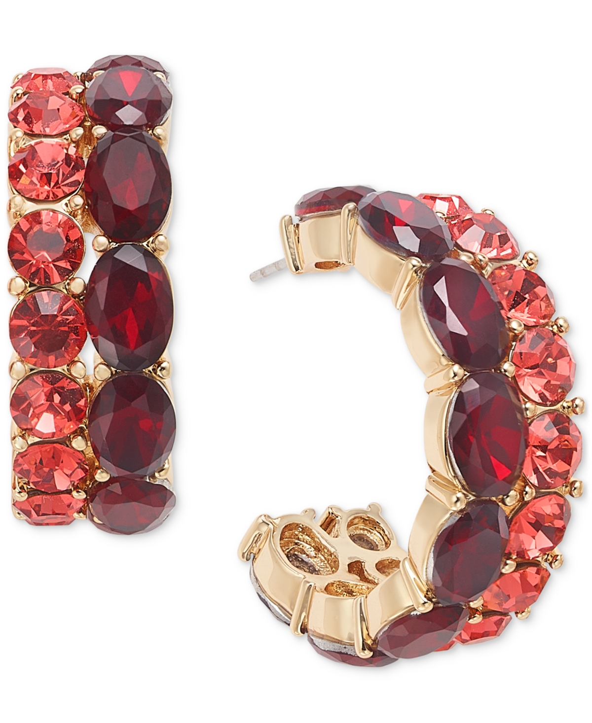 On 34th Gold-tone Small Crystal Double-row C-hoop Earrings, 0.9", Created For Macy's In Red