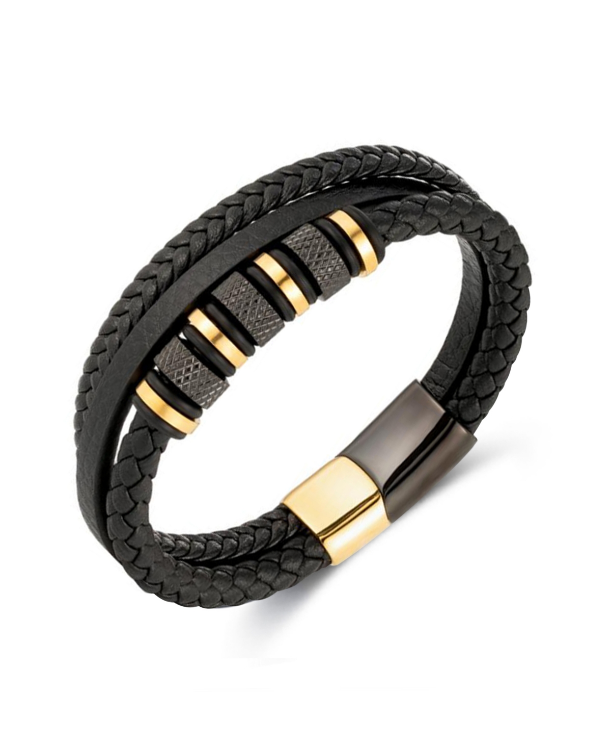 Black Titan Leather Stainless Steel Bracelet - Black/Gold
