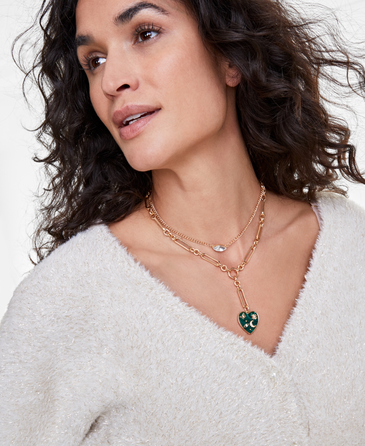 On 34th Gold-Tone Cubic Zirconia & Stone Heart Layered Lariat Necklace, + extender, Created for Macy's