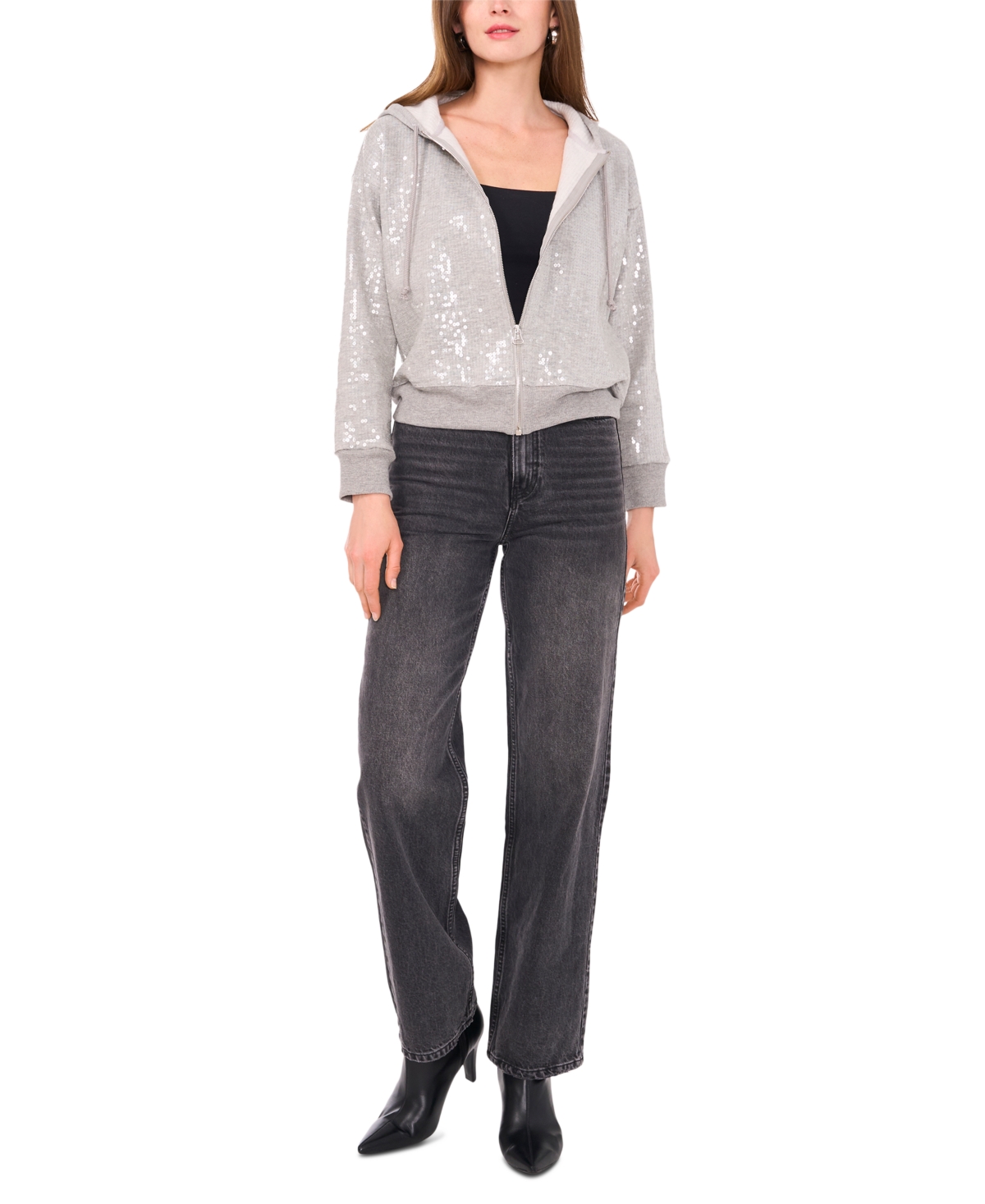 1.state Women's Full-Zip Hooded Long-Sleeve Sequin Hoodie