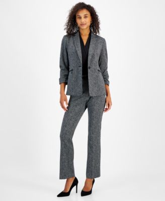 Womens Printed Ruched Sleeve One Button Blazer Herringbone Belted Bootcut Pants