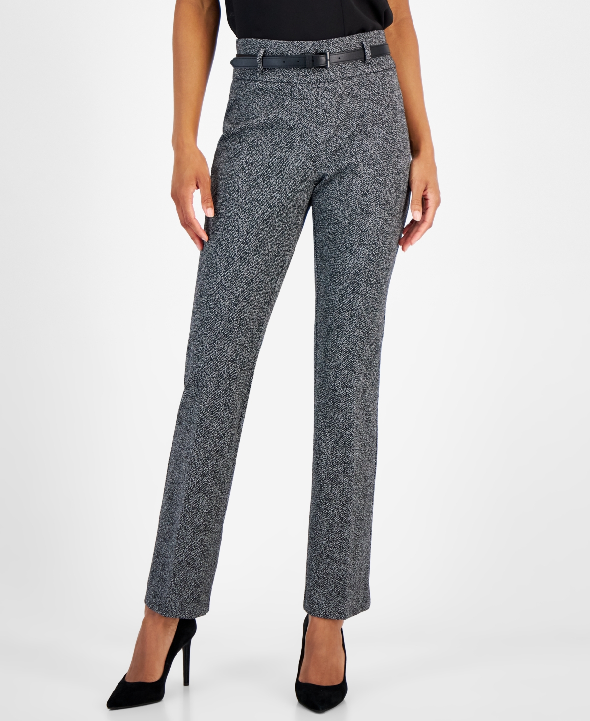 Kasper Women's Herringbone High-Rise Belted Bootcut Pants, Regular & Petite Sizes