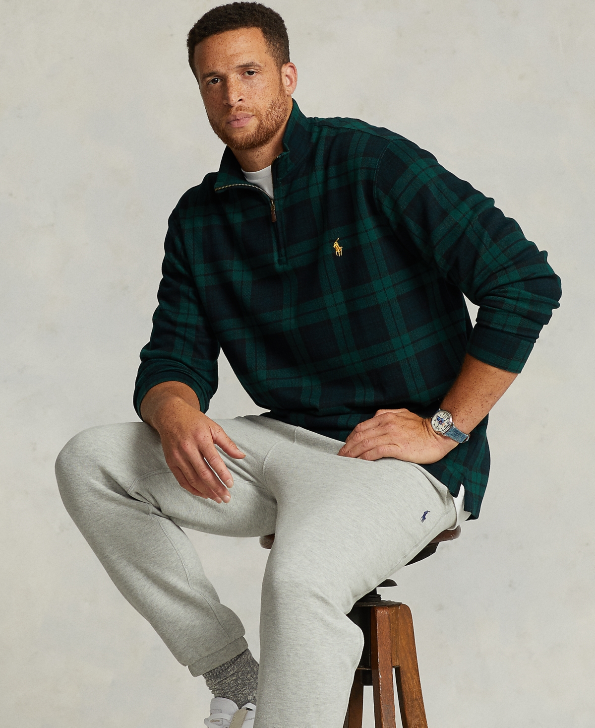 Polo Ralph Lauren Men's Big & Tall Estate-Rib Quarter-Zip Pullover Sweater - Blackwatch Plaid