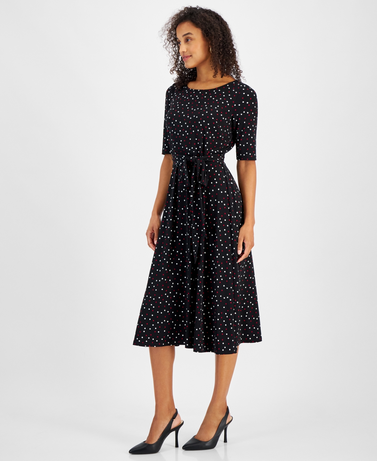 Kasper Women's Printed Tie-Waist Elbow-Sleeve Midi Dress, Regular & Petite Sizes