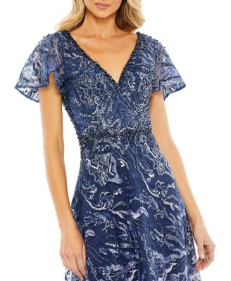 Women's Embellished Illusion Butterfly Sleeve A-Line Gown