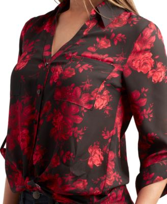 BCX Juniors' Floral-Print Button-Down Roll-Tab Dobby Top