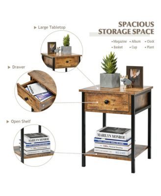 2-Piece Engineered Wood Adjustable Foot Pads, Drawer & Open Shelf Industrial End Side Table Nightstand