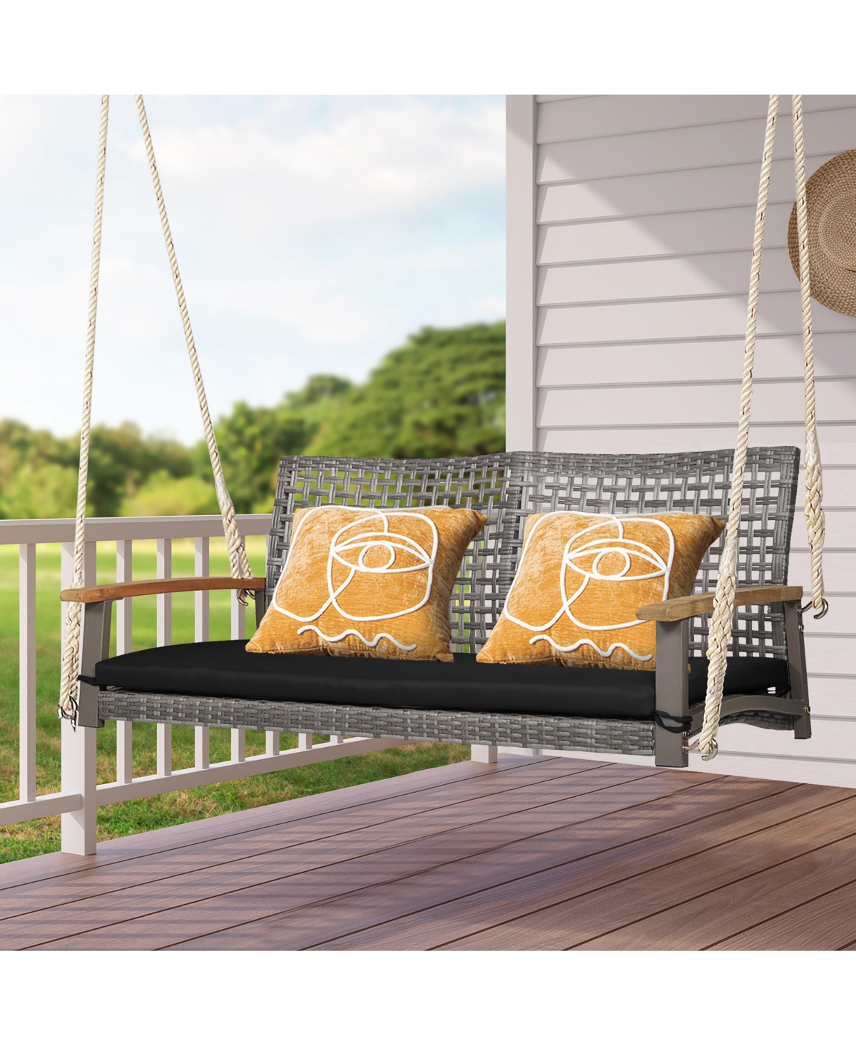 Costway 2-Person Patio Wicker Hanging Swing Chair Loveseat Cushion Porch- Black
