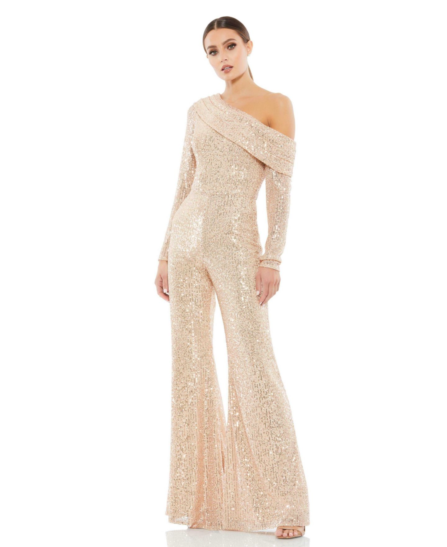 Женский комбинезон Mac Duggal Sequined Drop Shoulder Long Sleeve Jumpsuit, цвет: Розовый золотой — фото 1