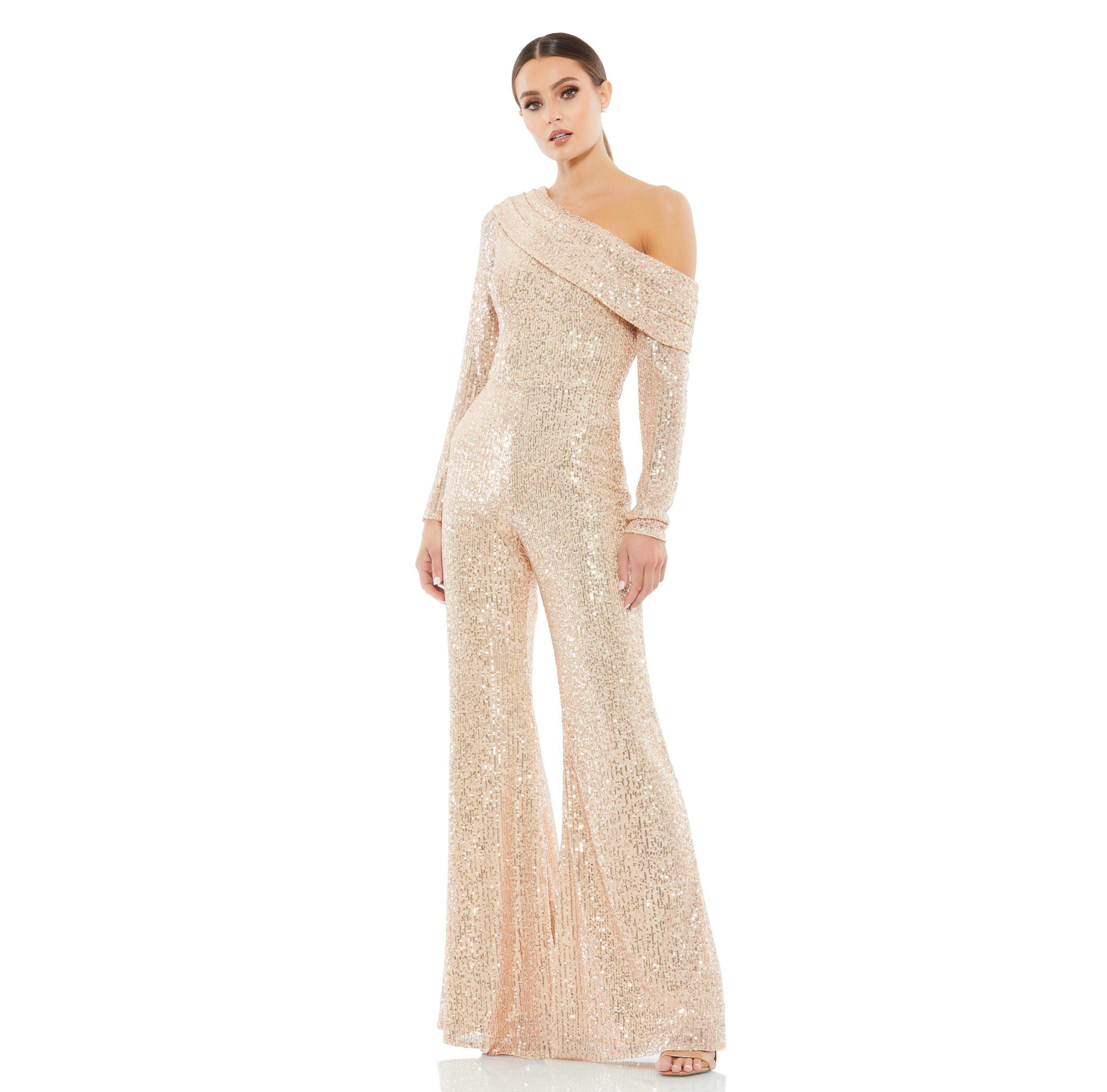 Mac Duggal Women's Sequined Drop Shoulder Long Sleeve Jumpsuit