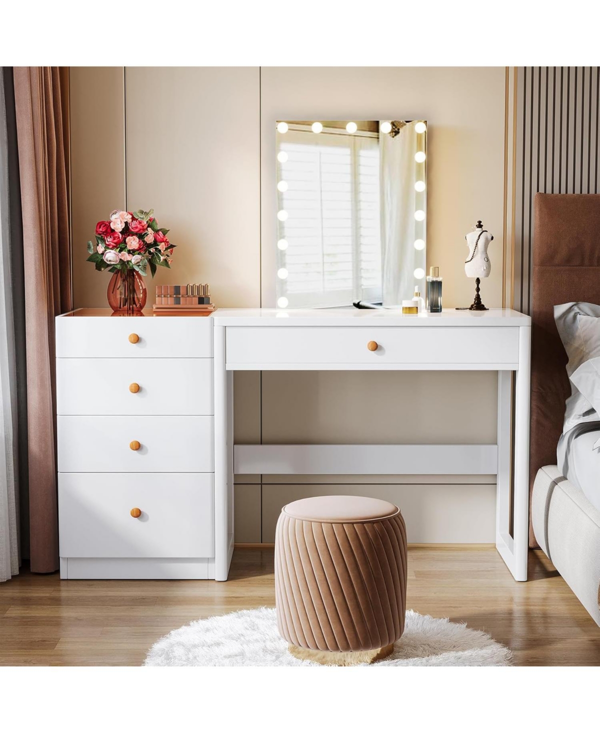 Tribesigns 47" Makeup Vanity Desk with 5 Drawers, Modern Vanity Desk with Glass Top, White Computer Desk Dressing Table for Bedroom (Without Mirror)