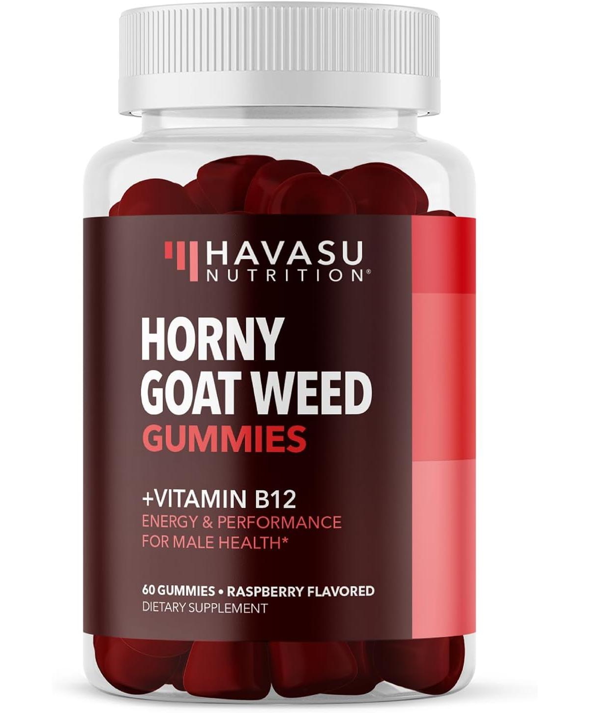 Horny Goat Weed Gummies + Vitamin B12, Energy Endurance & Performance Support for Men, Mood Health Support, Havasu Nutrition, Raspberry, 60ct