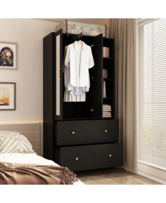 White Wood Armoires Wardrobe With Mirror, Pulling Hanging Rod, Drawers