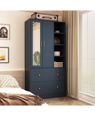 White Wood Armoires Wardrobe With Mirror, Pulling Hanging Rod, Drawers