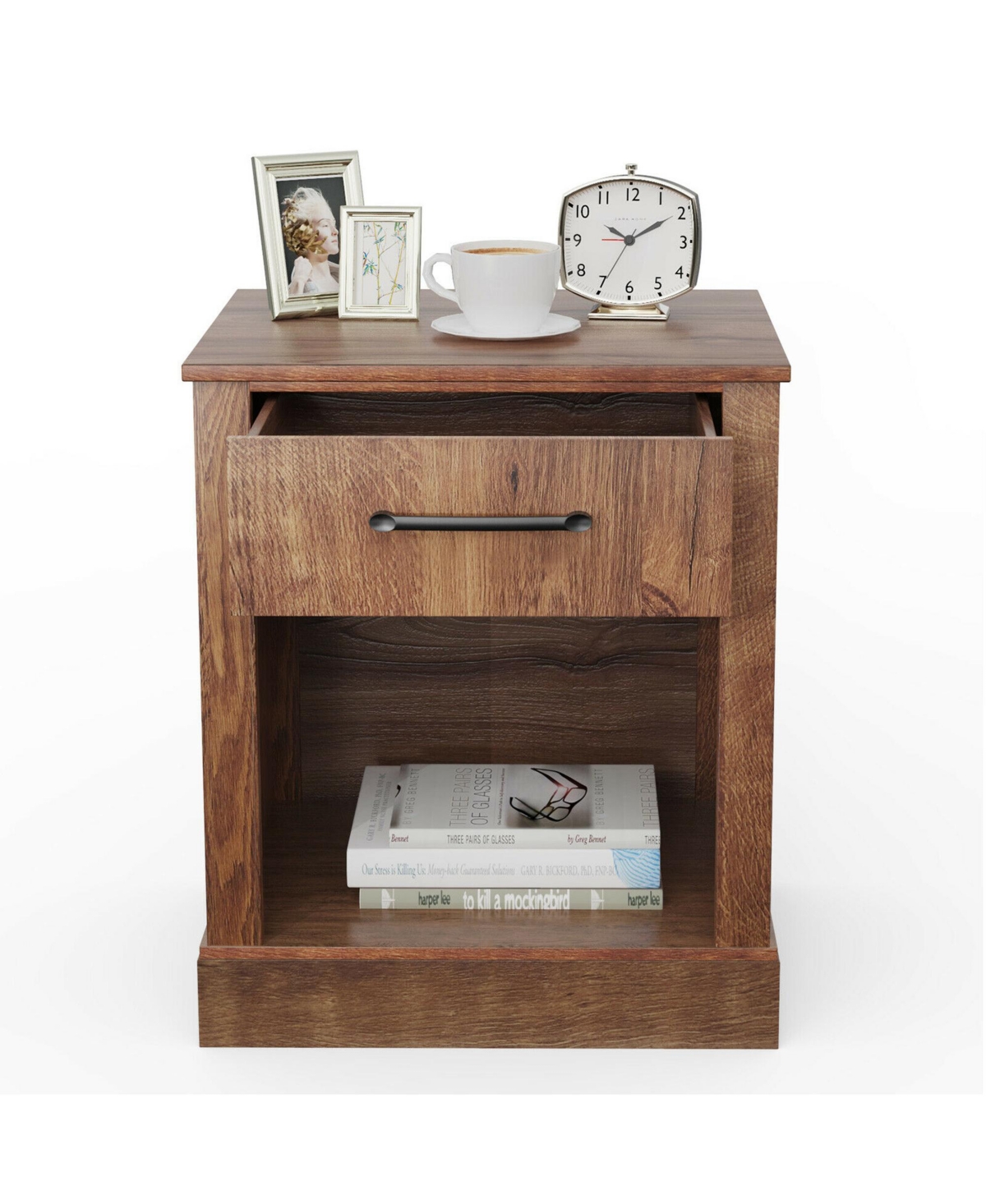 Gymax 2PCS Nightstand with Drawer and Shelf Rustic Wooden Bedside Table Bedroom- Brown