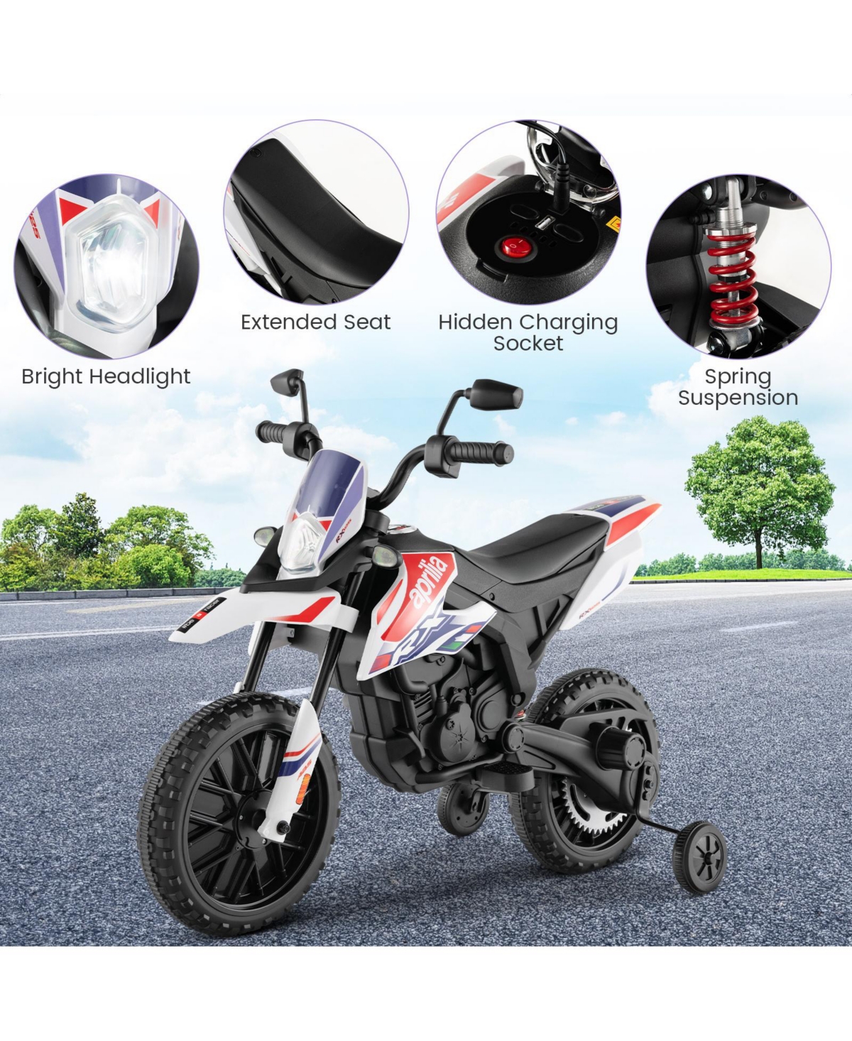 Costway 12V Licensed Aprilia Kids Ride On Motorcycle Electric Dirt Bike with Light & Music