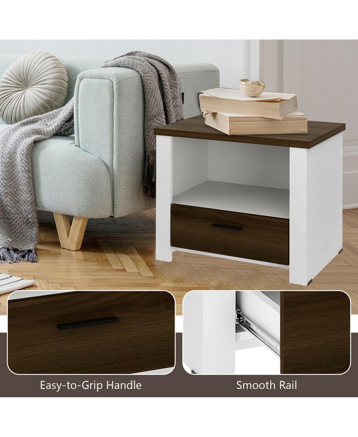 Gymax 2PCS Accent Nightstand Drawer and Open Shelf Sofa End Table Bedroom Living Room - White+dark brown