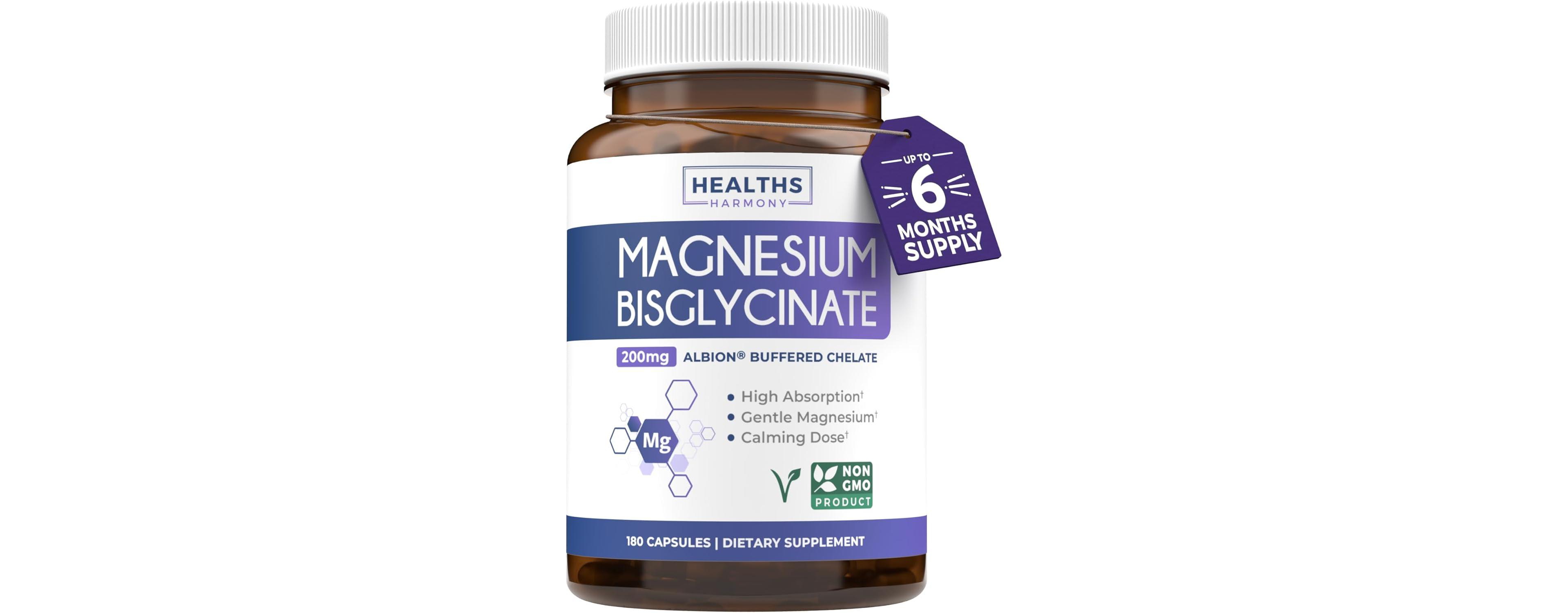 Magnesium Bisglycinate Capsules, High Absorption, Gentle, Calm, & Non-Laxative, Health's Harmony, 180ct