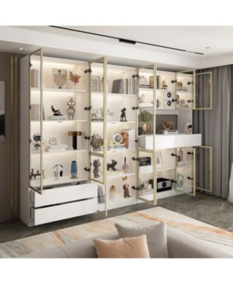 30-Shelf White Wood Standard Bookcase With Doors,LED Lights,Drawers