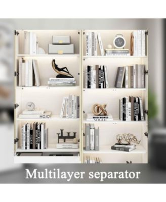 30-Shelf White Wood Standard Bookcase With Doors,LED Lights,Drawers