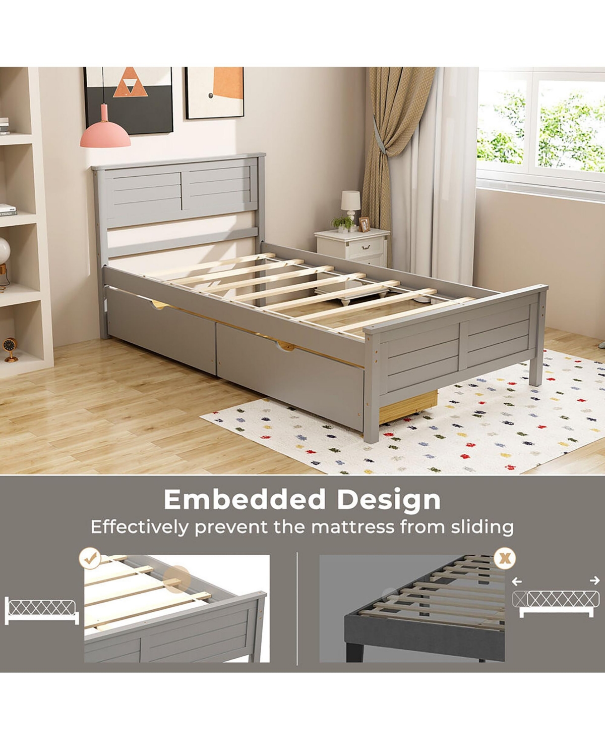 Gymax Full Size Wooden Bed Frame w/ 2 Storage Drawers & Under-bed Storage Gray - Grey+natural