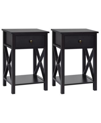 Set of 2 Nightstand Sofa Side End Table X-Design w/ Shelf Drawer Brown