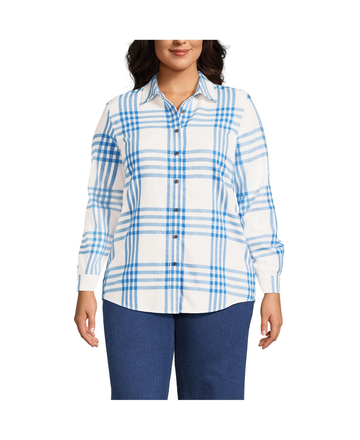 Women's Plus Size Flannel Boyfriend Fit Long Sleeve Shirt - Ivory/vista blue plaid