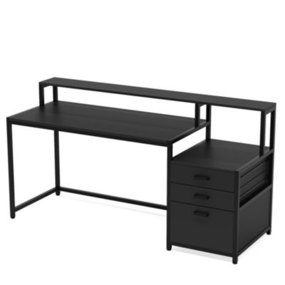 63 Inch Computer Desk with File Drawer Cabinet, Ergonomic Office Desk with Monitor Stand, Computer Table with Printer Space, Wood PC Table Workstation Desk for Home Office