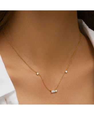 18K Gold Plated Sterling Silver Necklace with Three Round Cut and One Emerald Cut Cubic Zirconia Stones