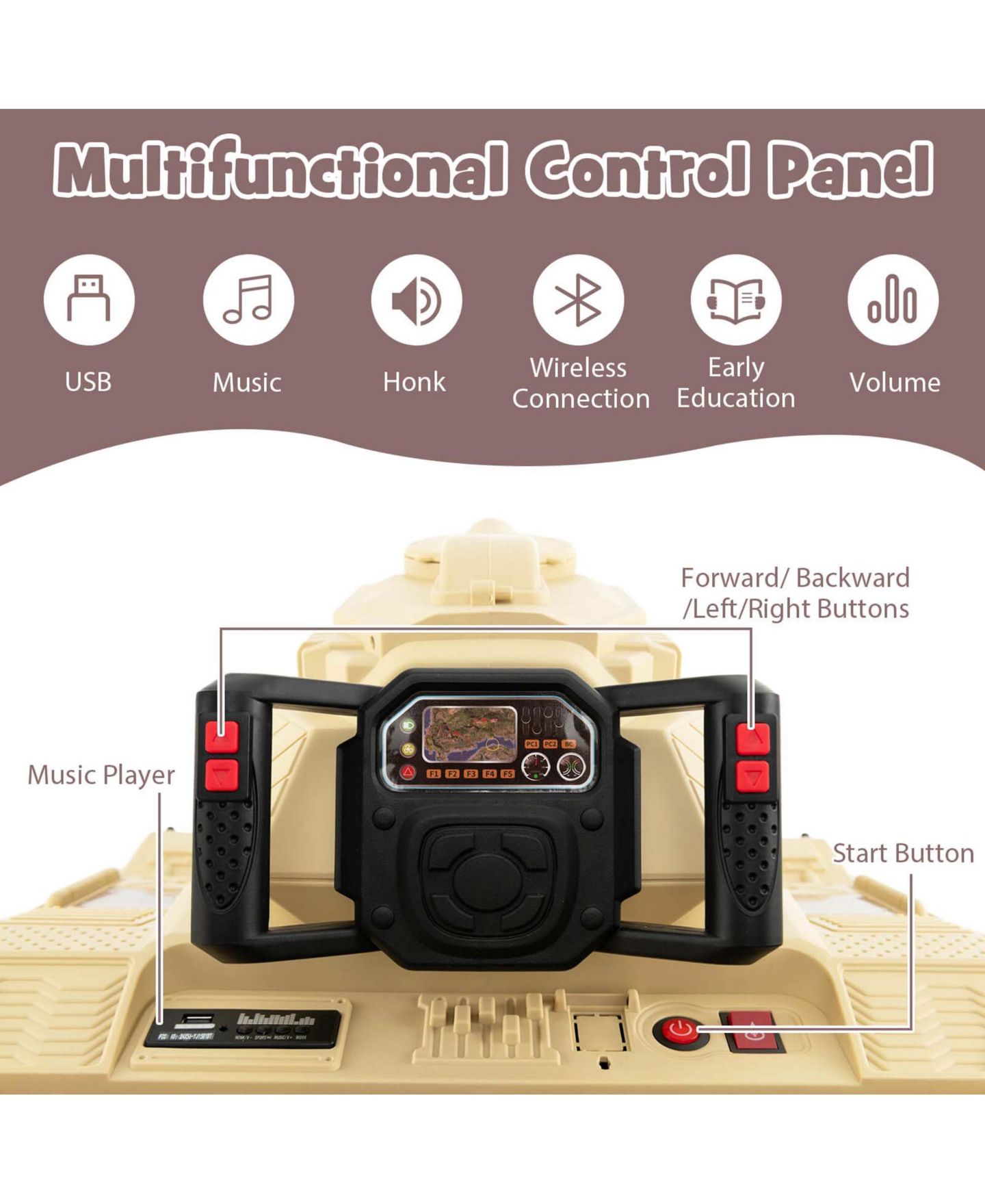 Детские игрушки Costway Electric Remote Control Rotatable Turret Kids Ride On Tank, цвет: Коричневый — фото 7