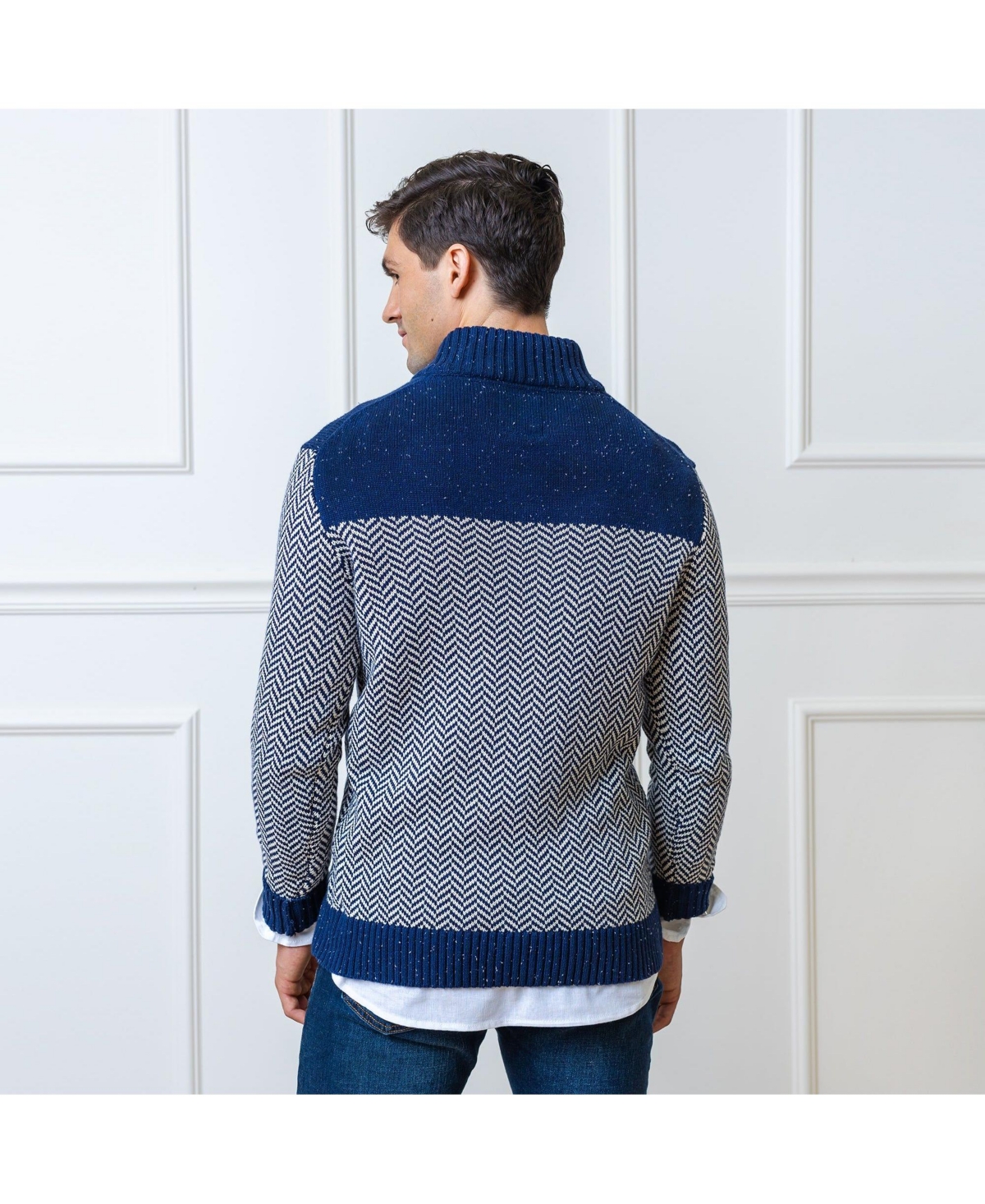 Hope & Henry Men's Half Zip Pullover Sweater - Navy and white herringbone