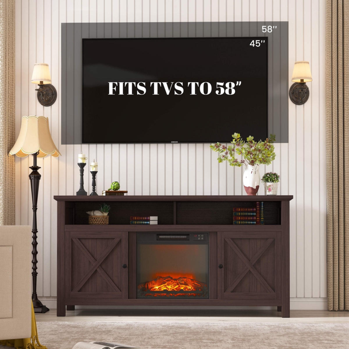 Mondawe 58" Tv Stand with 18" Electric Fireplace - 5000 Btu, Remote Control & Overheat Protection