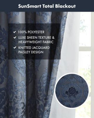 Amelia Knitted Jacquard Paisley Total Blackout Grommet Top Curtain Panel, Single Curtain with Privacy Lining for Bedroom and Living Room, Width 50 length 108 inches, Navy Window Panel