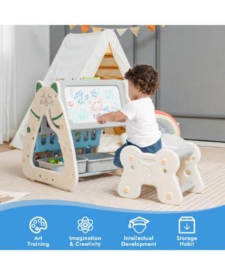 3-In-1 Double Sided Magnetic Dry-Erase Board with Stool and Flipped Writing Desktop