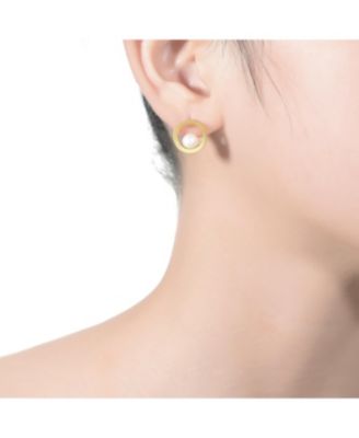 Sterling Silver 14k Gold Plated with Genuine Freshwater Round Pearl Stud Earrings