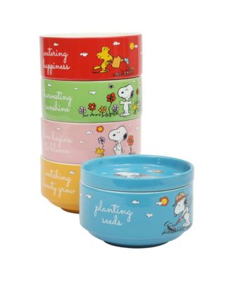 Snoopy 6 Pack Stackable 5.5" Decorated Stoneware Bowl Set W/ Plate