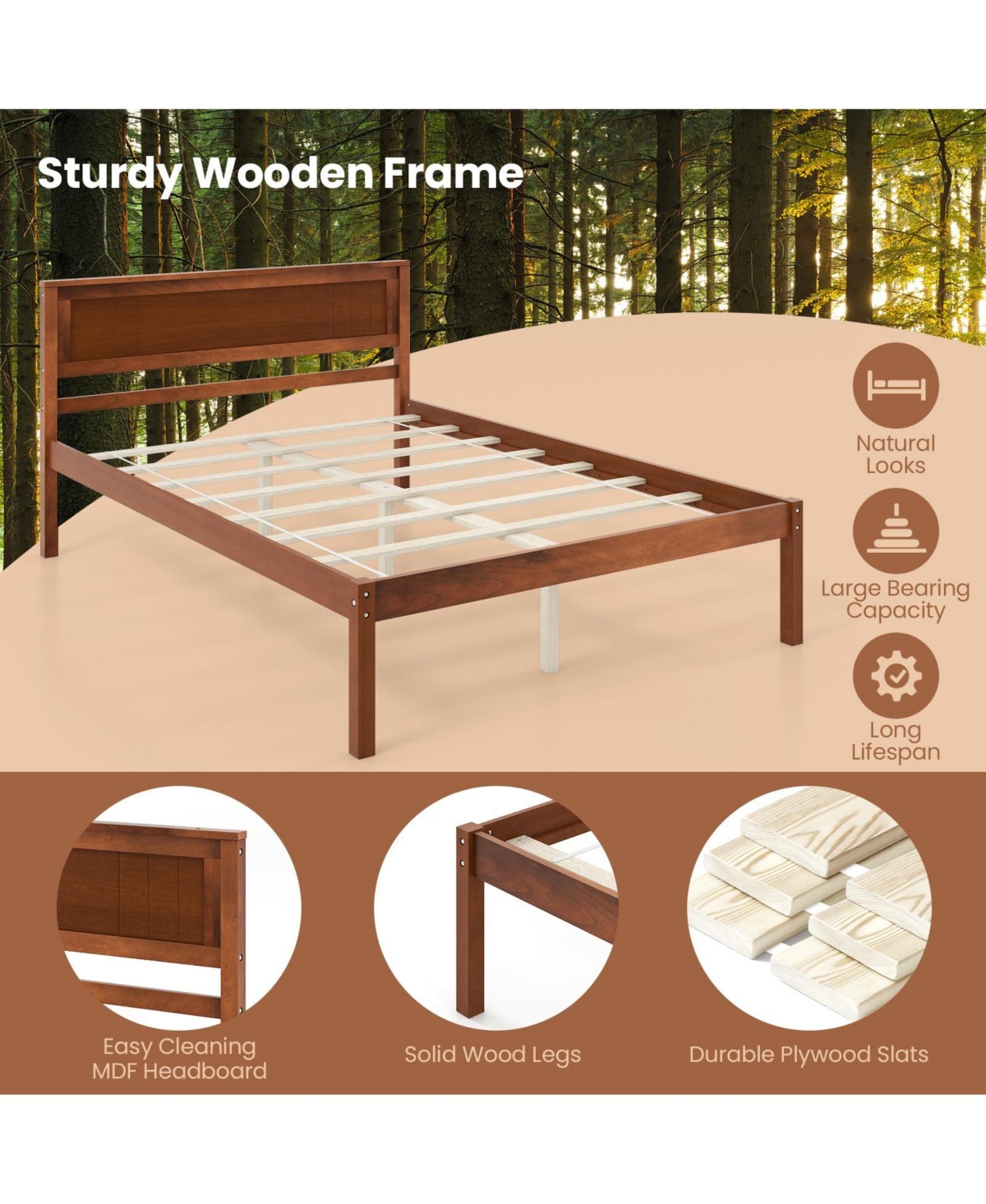 Sugift Size Wooden Bed Frame with Headboard and Slat Support-Full Size
